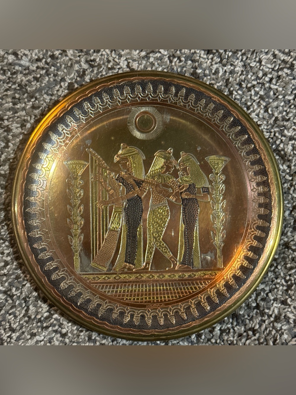Vintage Egyptian Revival Wall Plaque 5.5” Copper Brass Tone Embossed Pharaoh Art